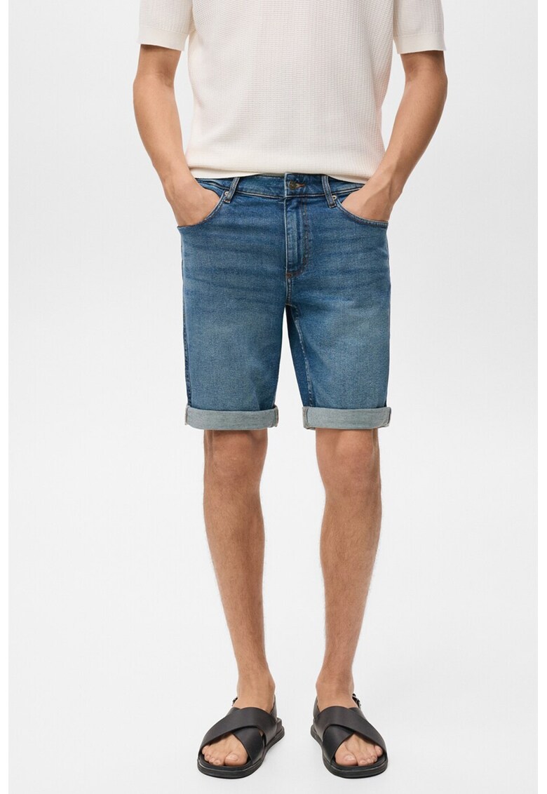 Bermude din denim cu talie medie - Albastru inchis