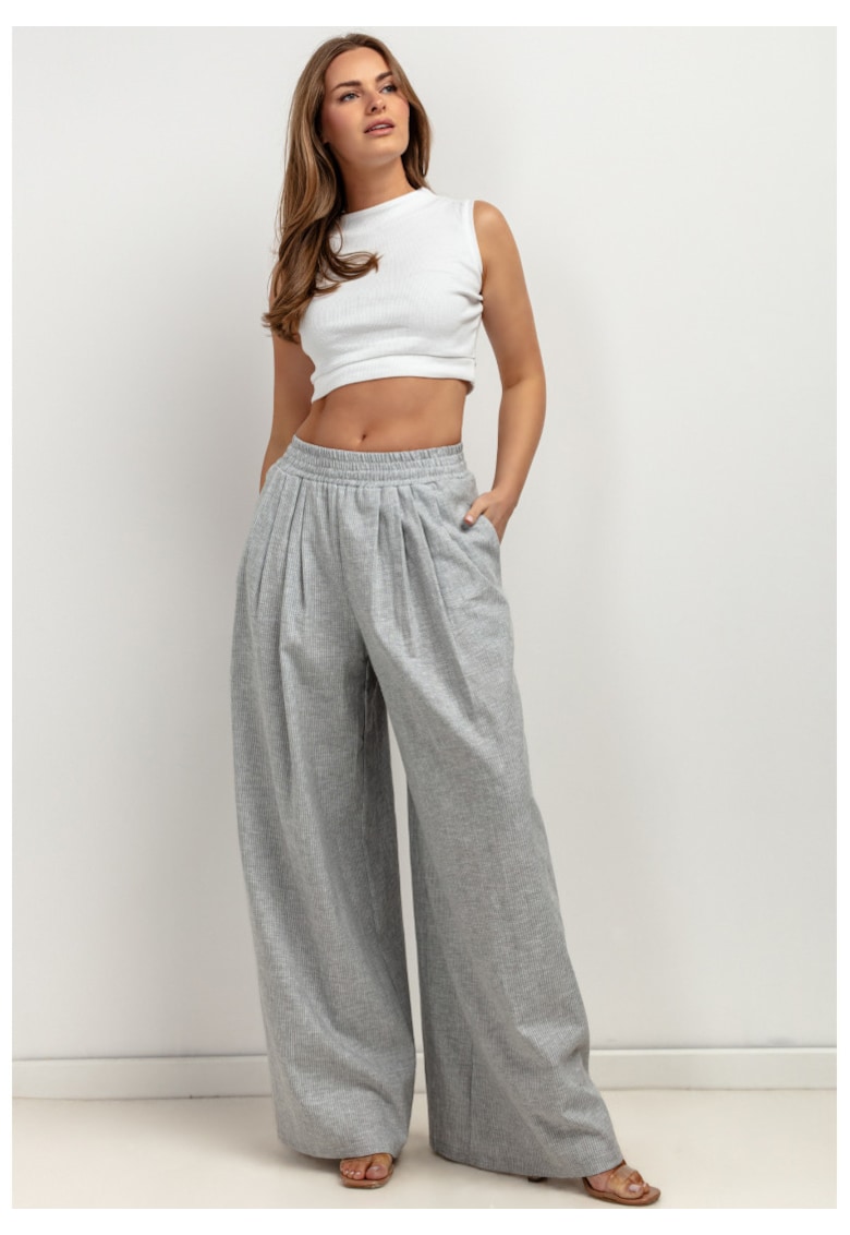 Pantaloni palazzo cu pliuri si talie elastica