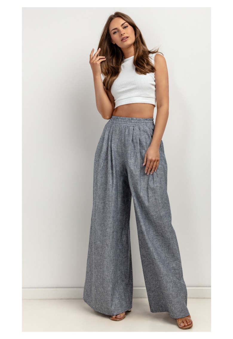 Pantaloni palazzo cu talie elastica - din amestec de in