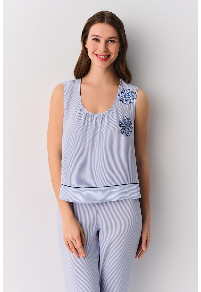 Pijama in dungi fara maneci Amanda - Albastru pastel/Albastru royal