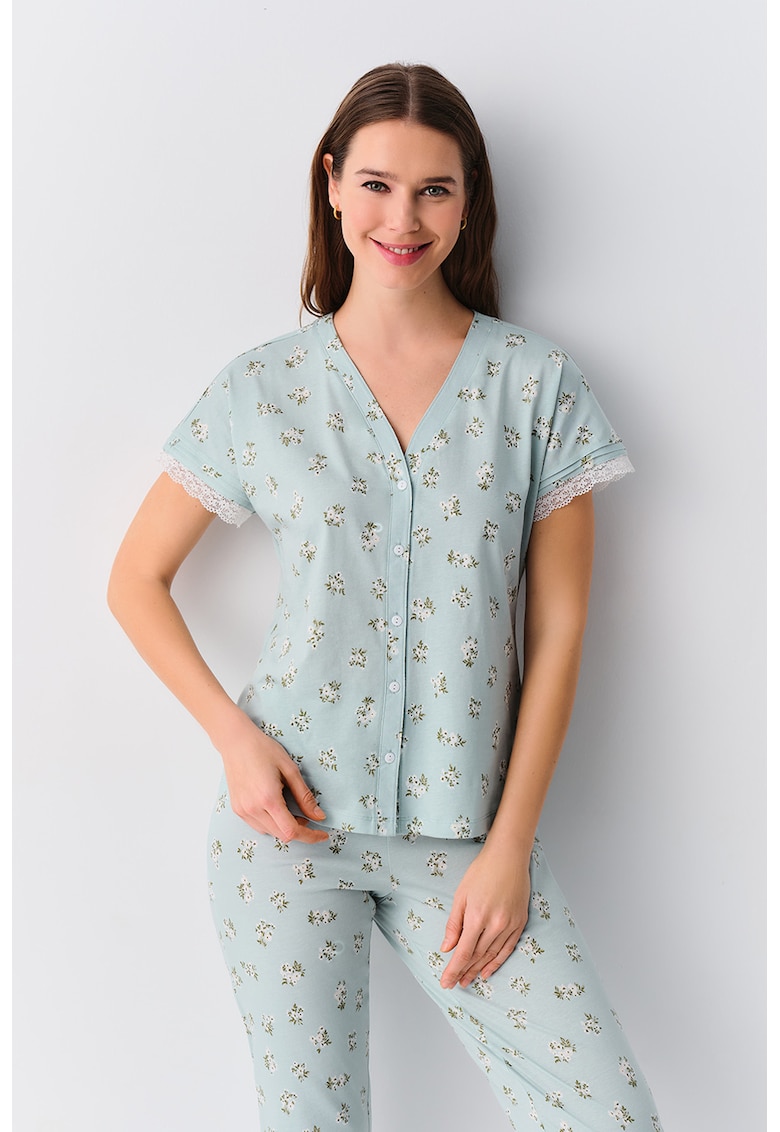 Pijama cu maneci scurte si imprimeu floral - Mint
