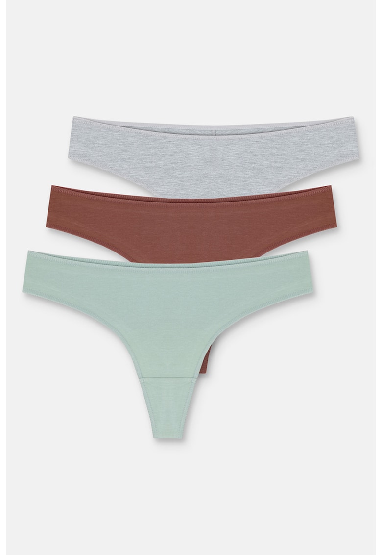 Set de chiloti tanga uni - 3 piese - Maro/Gri melange/Verde deschis