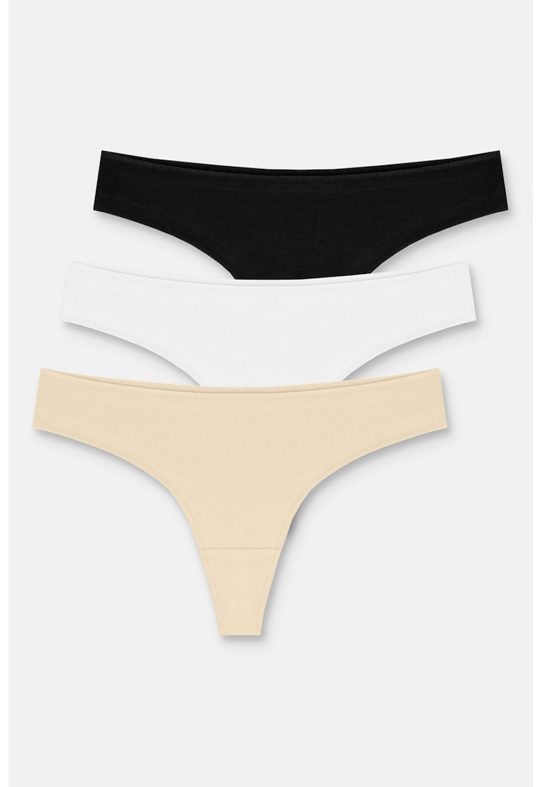 Set de chiloti tanga uni - 3 piese - Alb/Negru/Bej