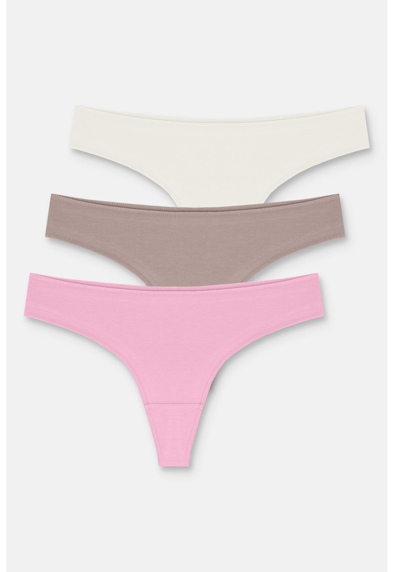 Set de chiloti tanga uni - 3 piese - Alb fildes/Maro/Roz