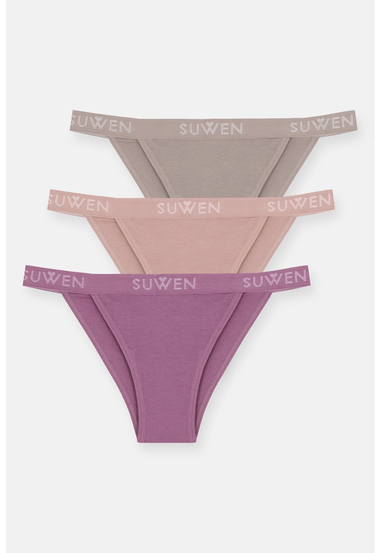 Set de chiloti brazilieni din amestec de bumbac - 3 perechi - Violet/Maro taupe/Roz prafuit