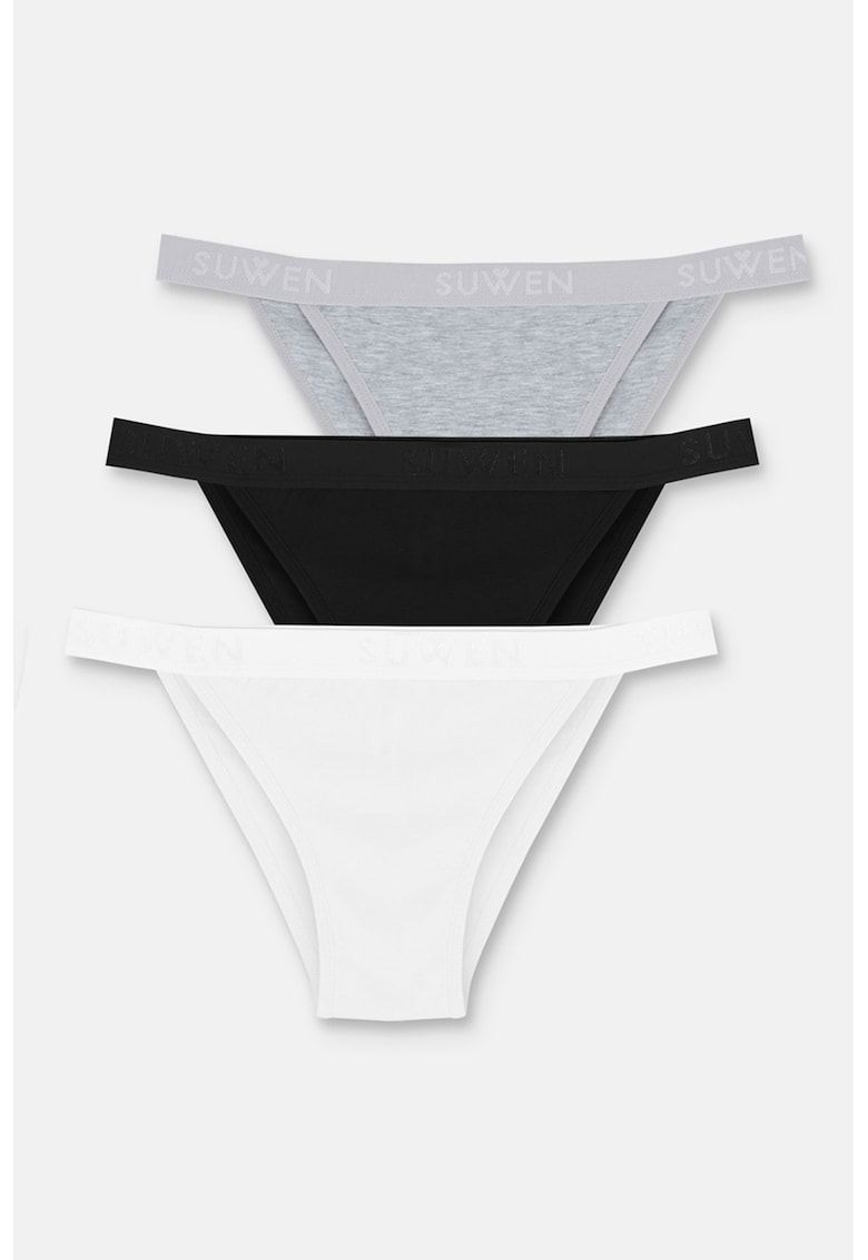 Set de chiloti brazilieni din amestec de bumbac - 3 perechi - Alb/Negru/Gri melange