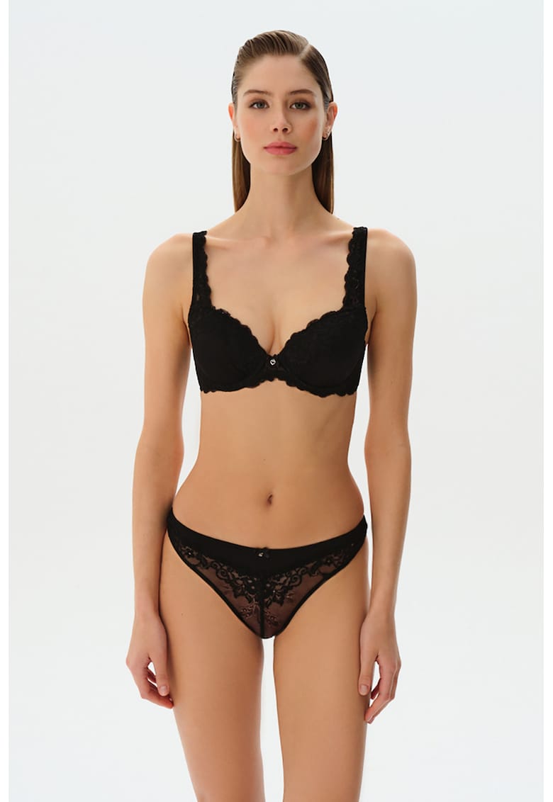 Chiloti tanga cu insertii de dantela - Negru