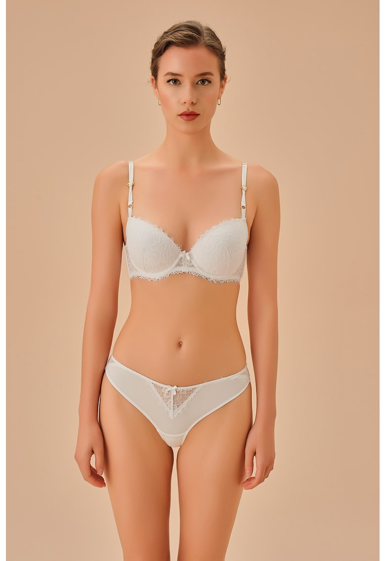 Chiloti tanga cu insertie de dantela - Alb fildes