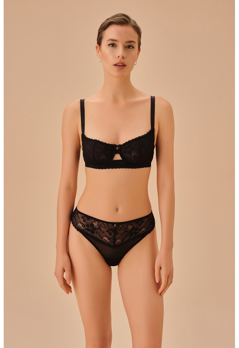 Chiloti tanga cu insertii din dantela Liona - Negru