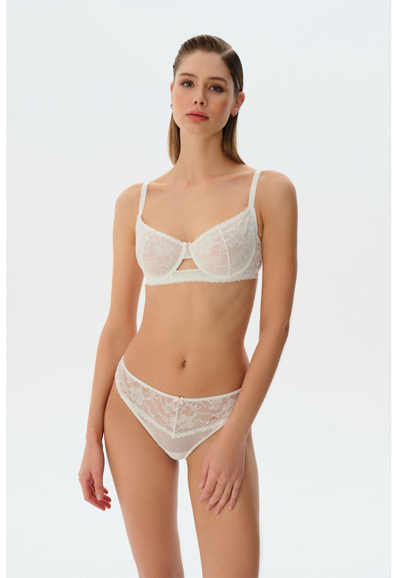 Chiloti tanga cu insertii din dantela Liona - Alb