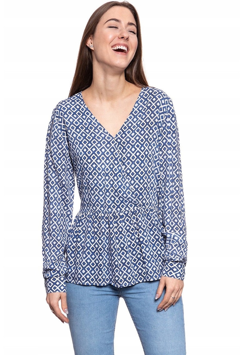 Bluza Dama - Erika V Printed - Croi Normal - Fara Inchidere - Maneci Lungi - 100% Bumbac - S Intl - Albastru