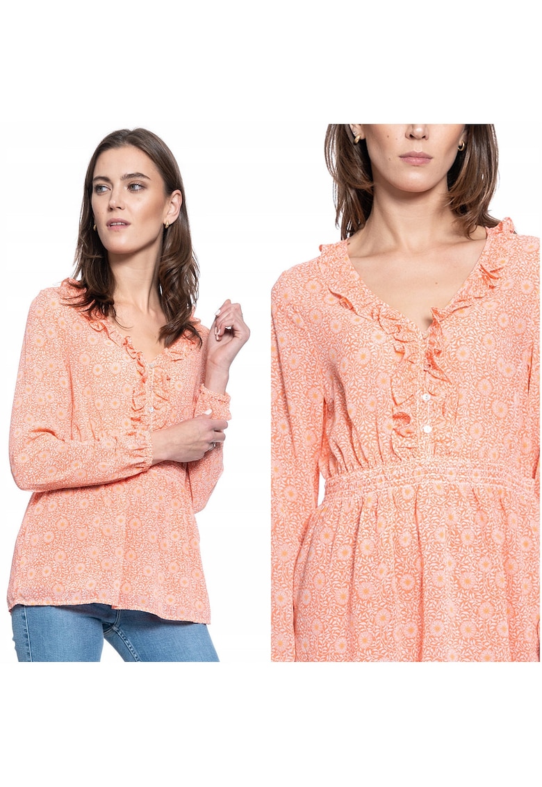 Bluza Dama -  Emma V Flounce - Croi Normal - Lejera - Nasturi - Mansete Lungi - S Intl - Portocalie