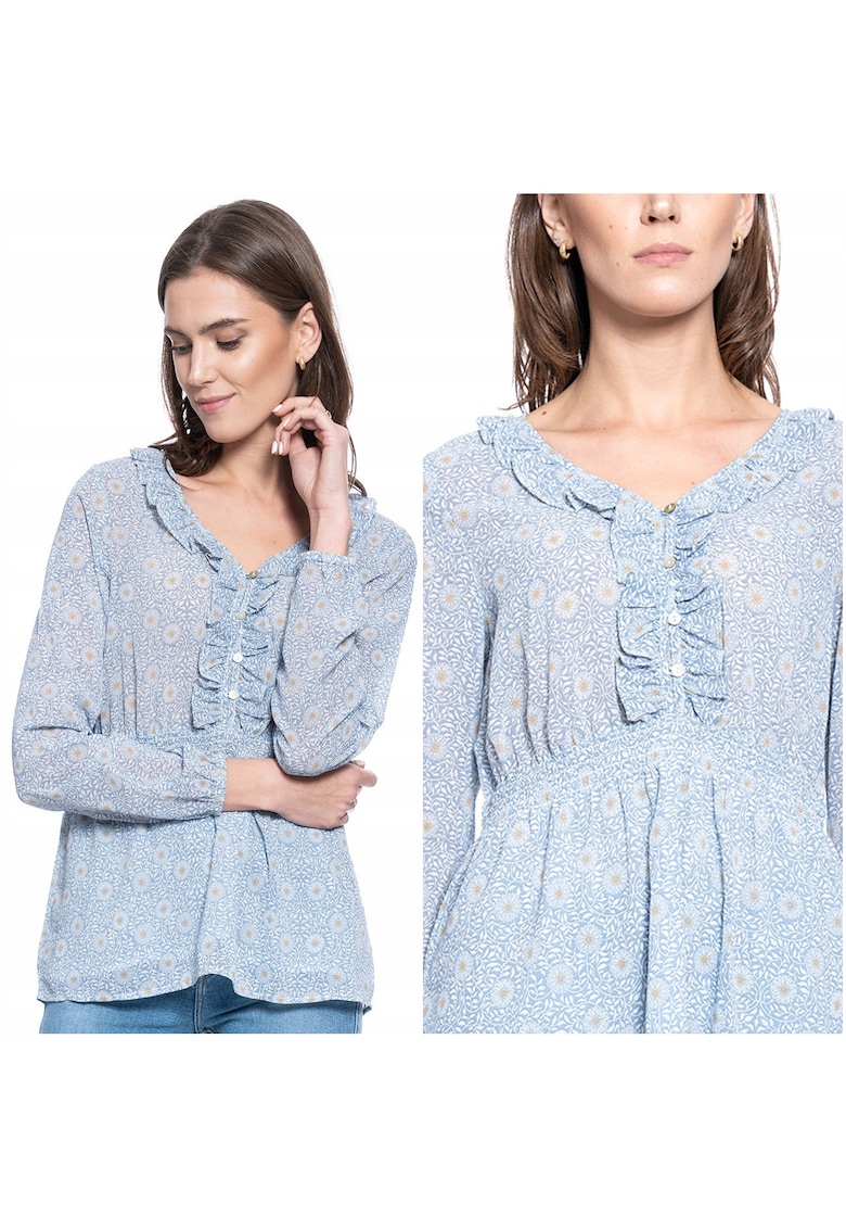 Bluza Dama -  Emma V Flounce S - Bumbac - Zilnic - Croi Regular - Fara Buzunare - Croiala Larga - Calitate Superioara - Confortabil - Albastru