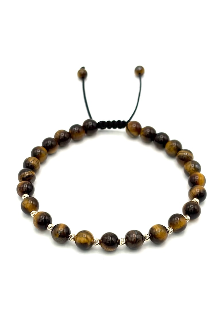 Bratara cu 10 bile din AUR 14K si pietre naturale Ochi de Tigru de 6mm - snur reglabil - barbat