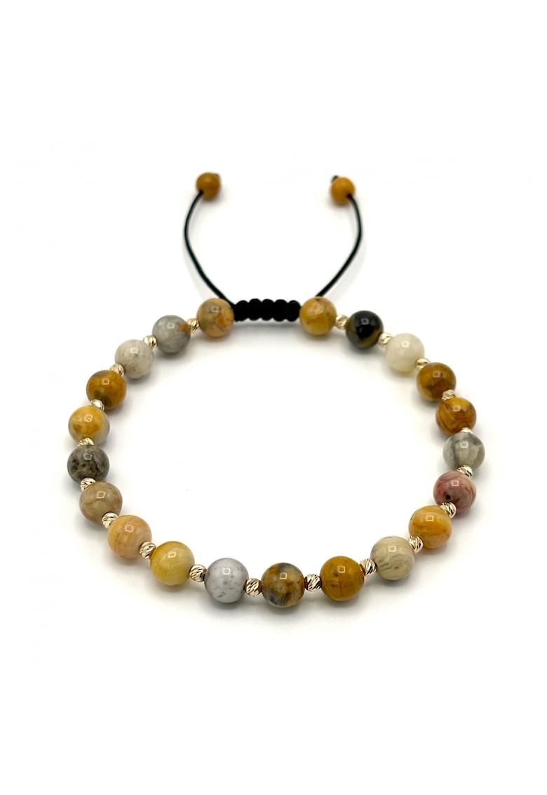 Bratara cu 20 bile din AUR 14K si pietre naturale Agat de 6mm - snur reglabil - barbat