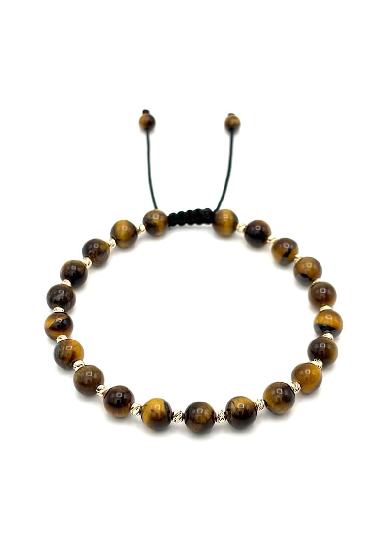 Bratara cu 20 bile din AUR 14K si pietre naturale Ochi de Tigru de 6mm - snur reglabil - barbat