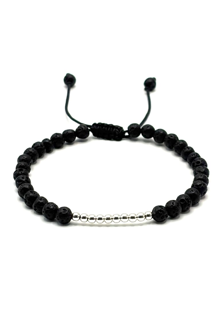 Bratara cu bile din Argint 925 si pietre naturale semipretioase Lava - snur negru reglabil - barbat
