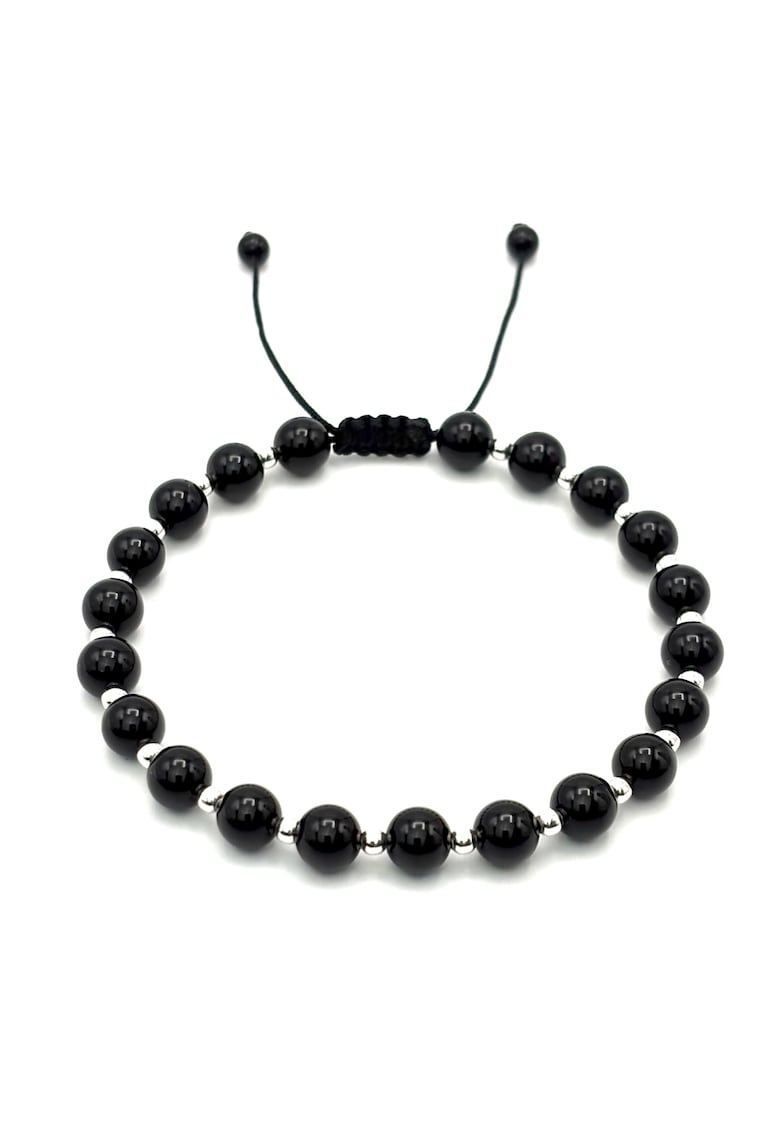 Bratara cu 20 bile din Argint 925 si pietre naturale Onix de 6mm - snur reglabil - barbat