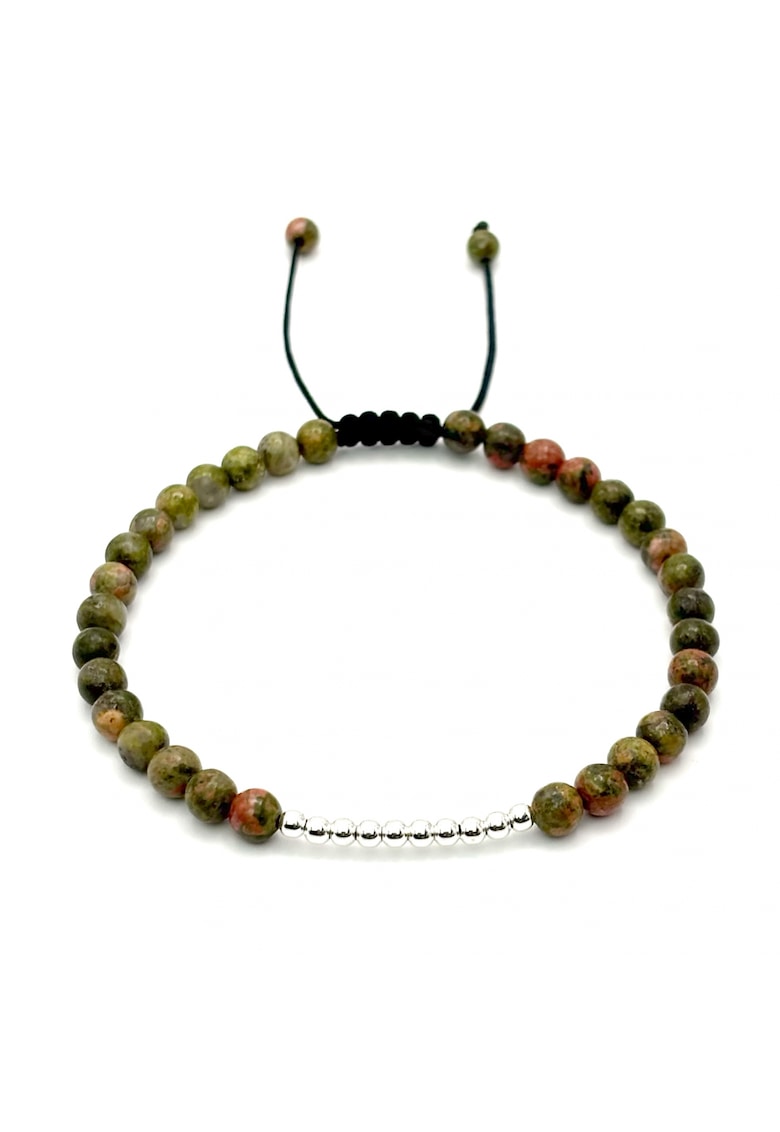 Bratara cu bile din Argint 925 si pietre naturale semipretioase Unakit - snur negru reglabil - barbat