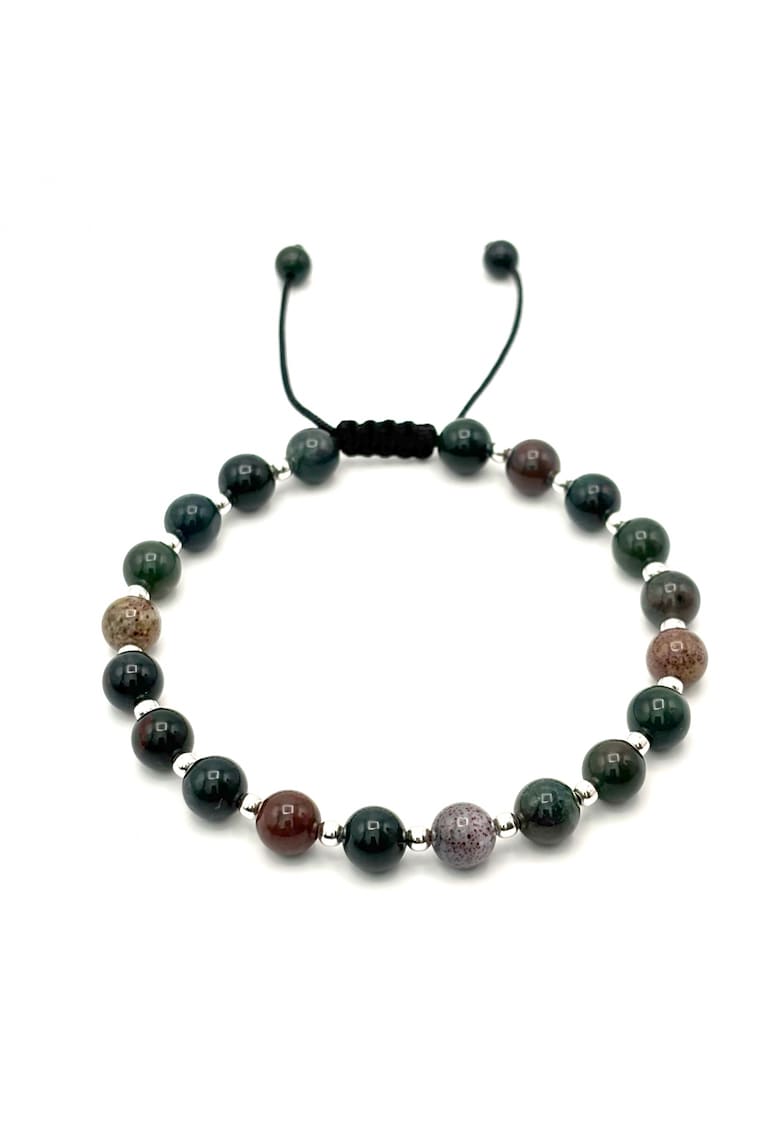 Bratara cu 19 bile din Argint 925 si pietre naturale Agat Indian de 6mm - snur reglabil - barbat