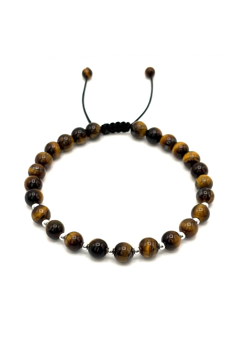 Bratara cu 10 bile din Argint 925 si pietre naturale Ochi de Tigru de 6mm - snur reglabil - barbat