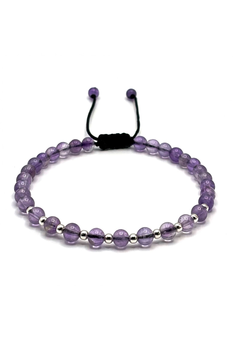 Bratara cu bile din Argint 925 si pietre semipretioase Ametist - snur negru reglabil - barbati