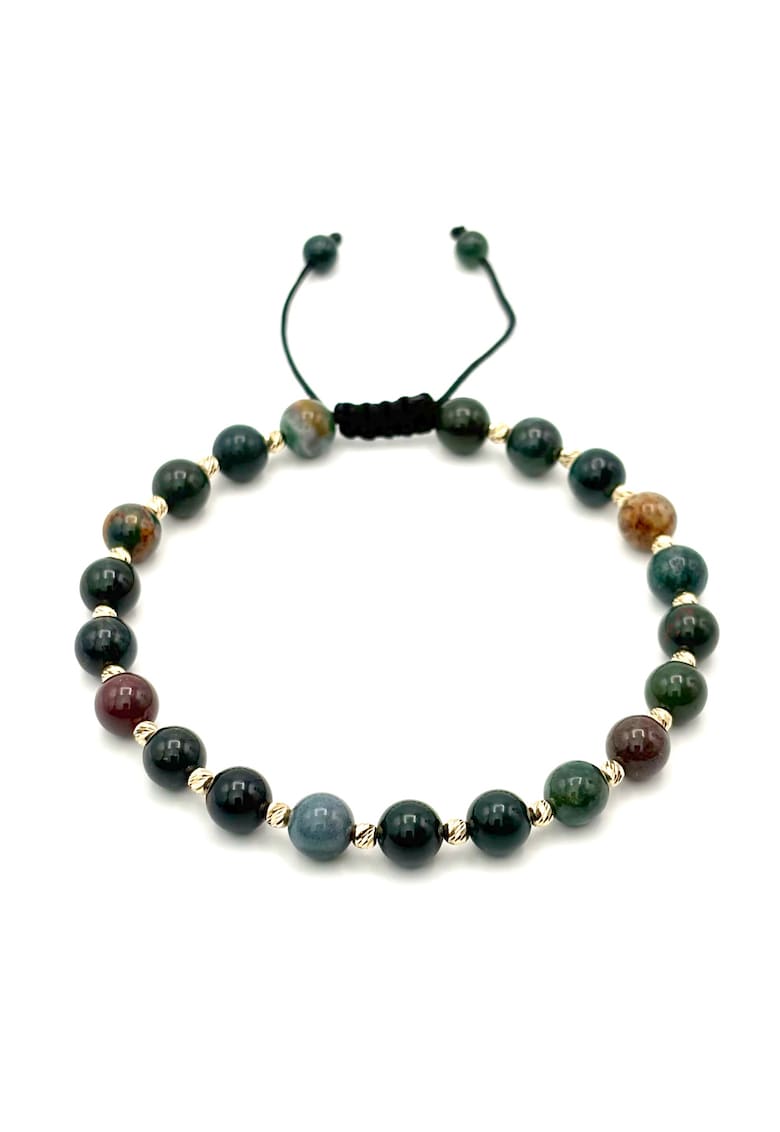 Bratara cu 20 bile din AUR 14K si pietre naturale Agat Indian de 6mm - snur reglabil - barbat