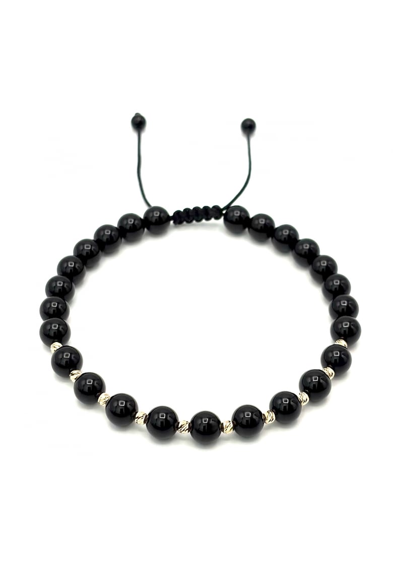 Bratara cu 10 bile din AUR 14K si pietre naturale Onix de 6mm - snur reglabil - barbat