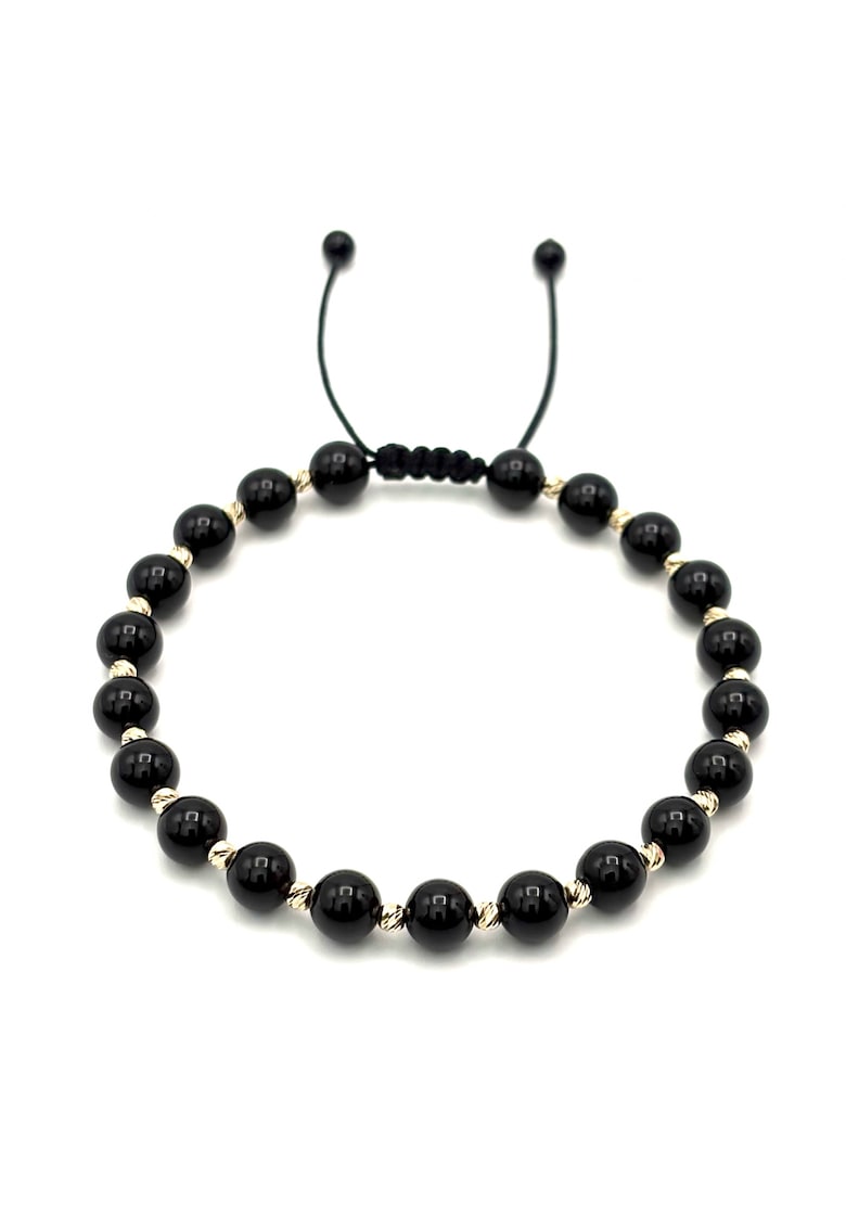 Bratara cu 20 bile din AUR 14K si pietre naturale Onix de 6mm - snur reglabil - barbat