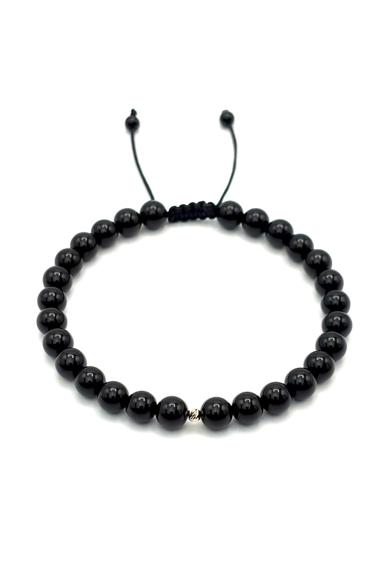 Bratara cu bila din AUR 14K si pietre naturale Onix de 6mm - snur reglabil - barbat