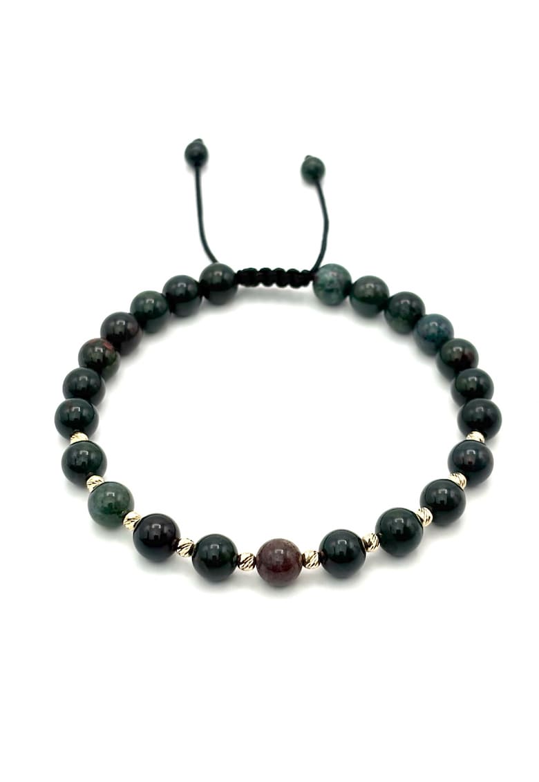 Bratara cu 10 bile din AUR 14K si pietre naturale Agat Indian de 6mm - snur reglabil - barbat