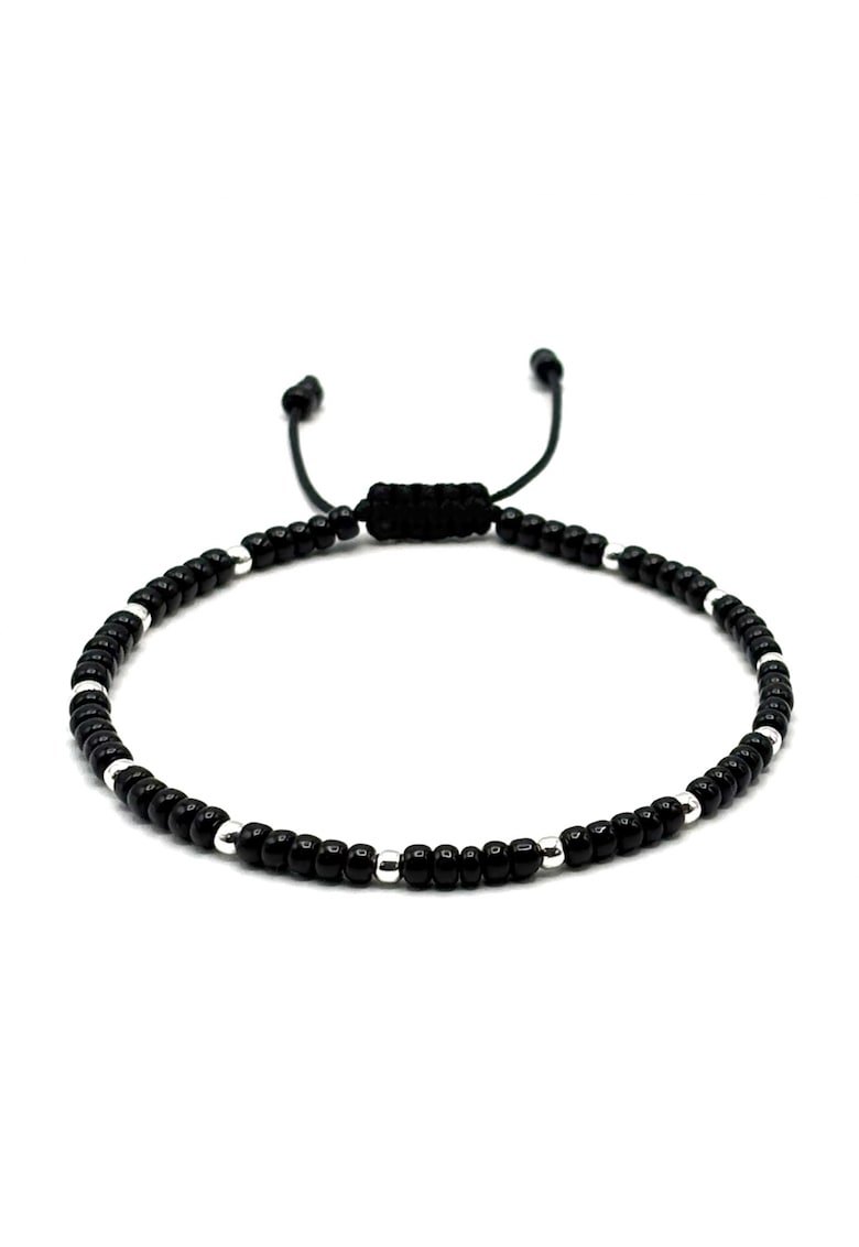Bratara cu bile din Argint 925 si margele negre - snur reglabil - barbat
