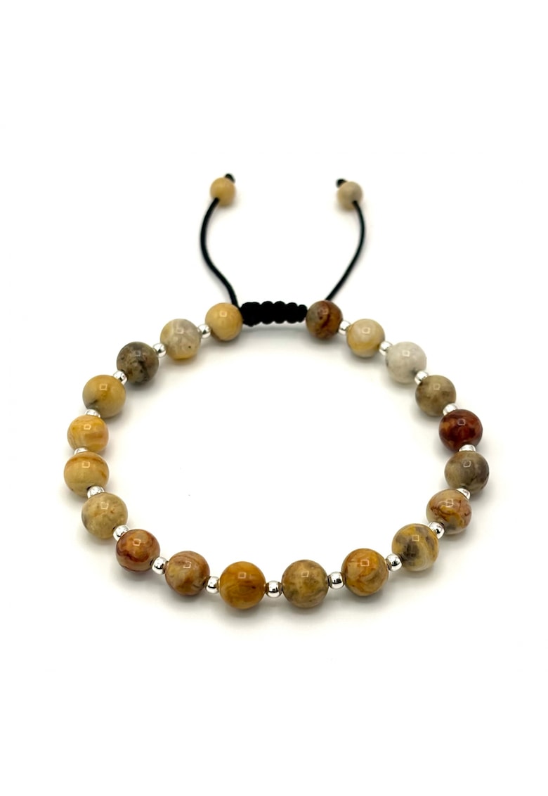 Bratara cu 19 bile din Argint 925 si pietre naturale Agat de 6mm - snur reglabil - barbat