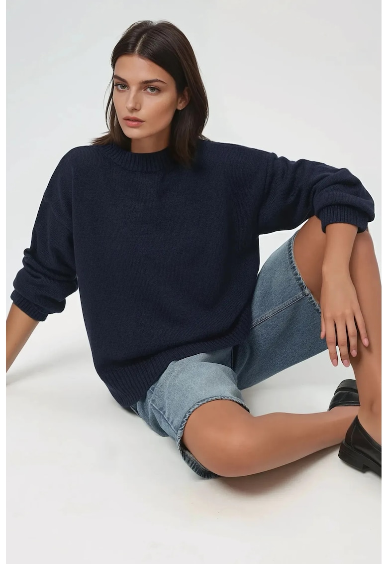 Pulover de dama guler rotund - confortabil - albastru - tricot