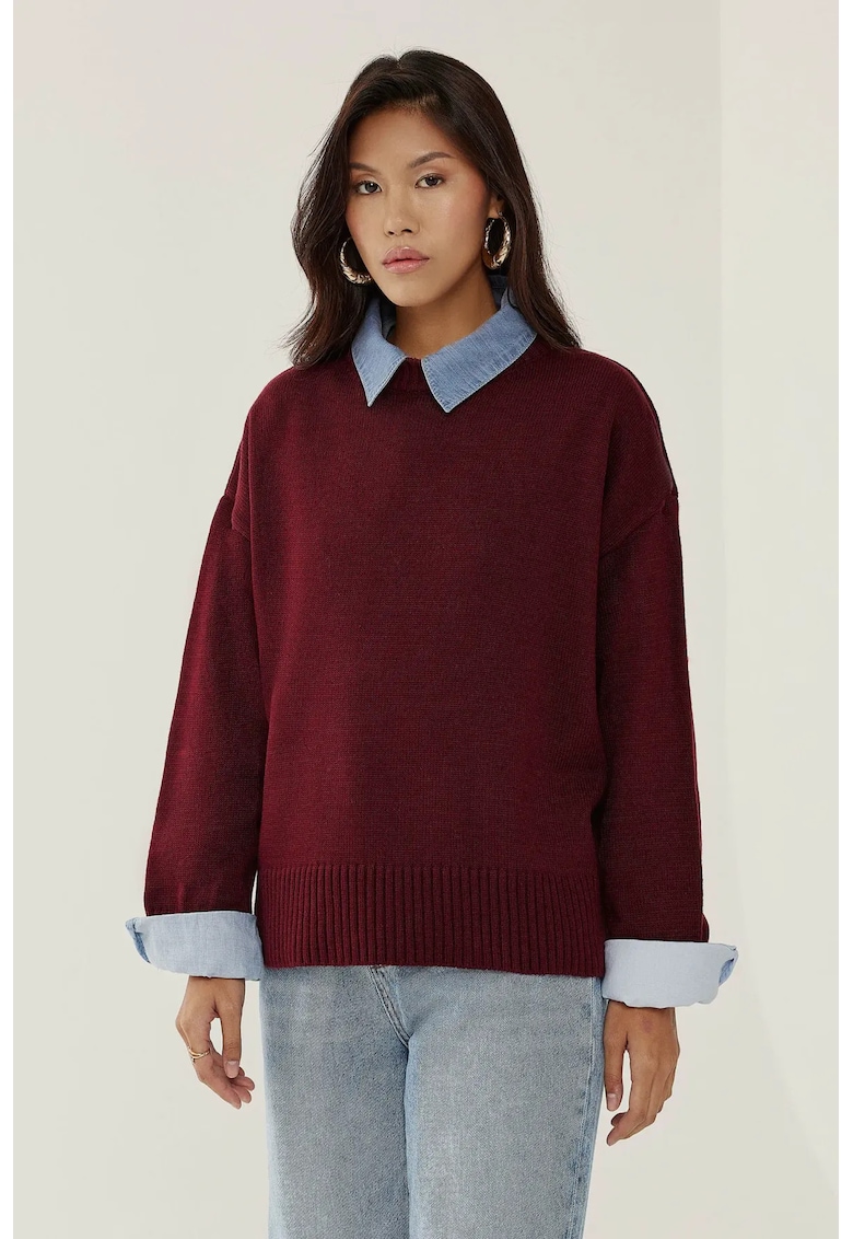 Pulover dama -  guler rotund - confortabil - rosu - tricot