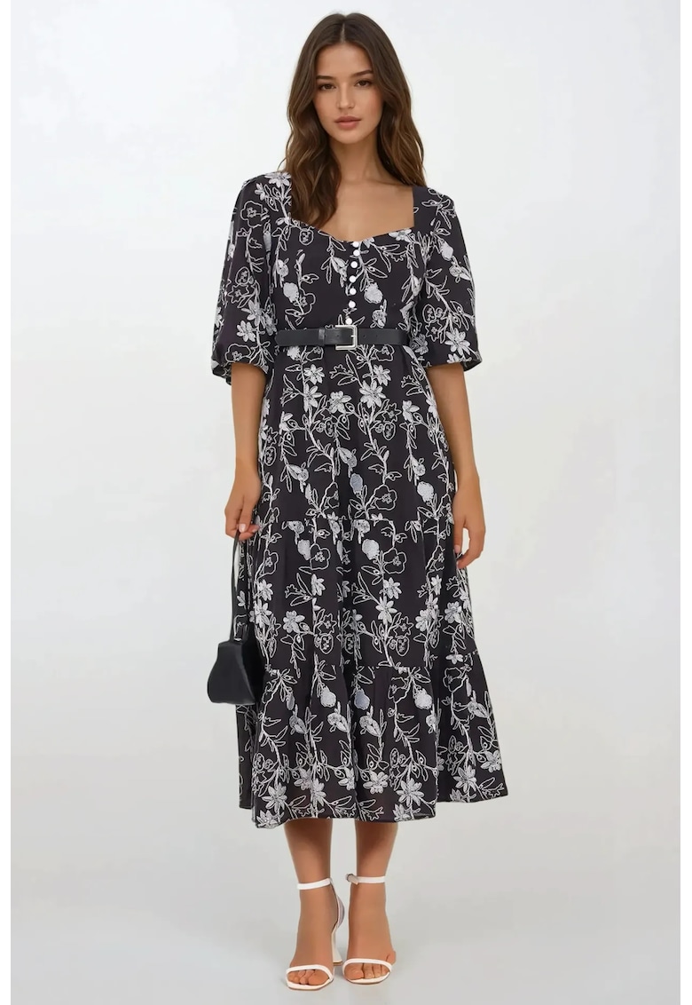 Rochie maxi - brodata - decolteu inima - maneci bufante - neagra - textil - Negru