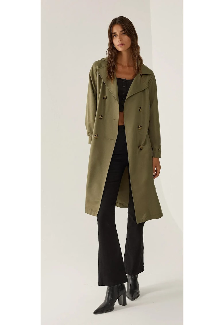 Palton dama -  trench usor cu nasturi si curea - verde - textil