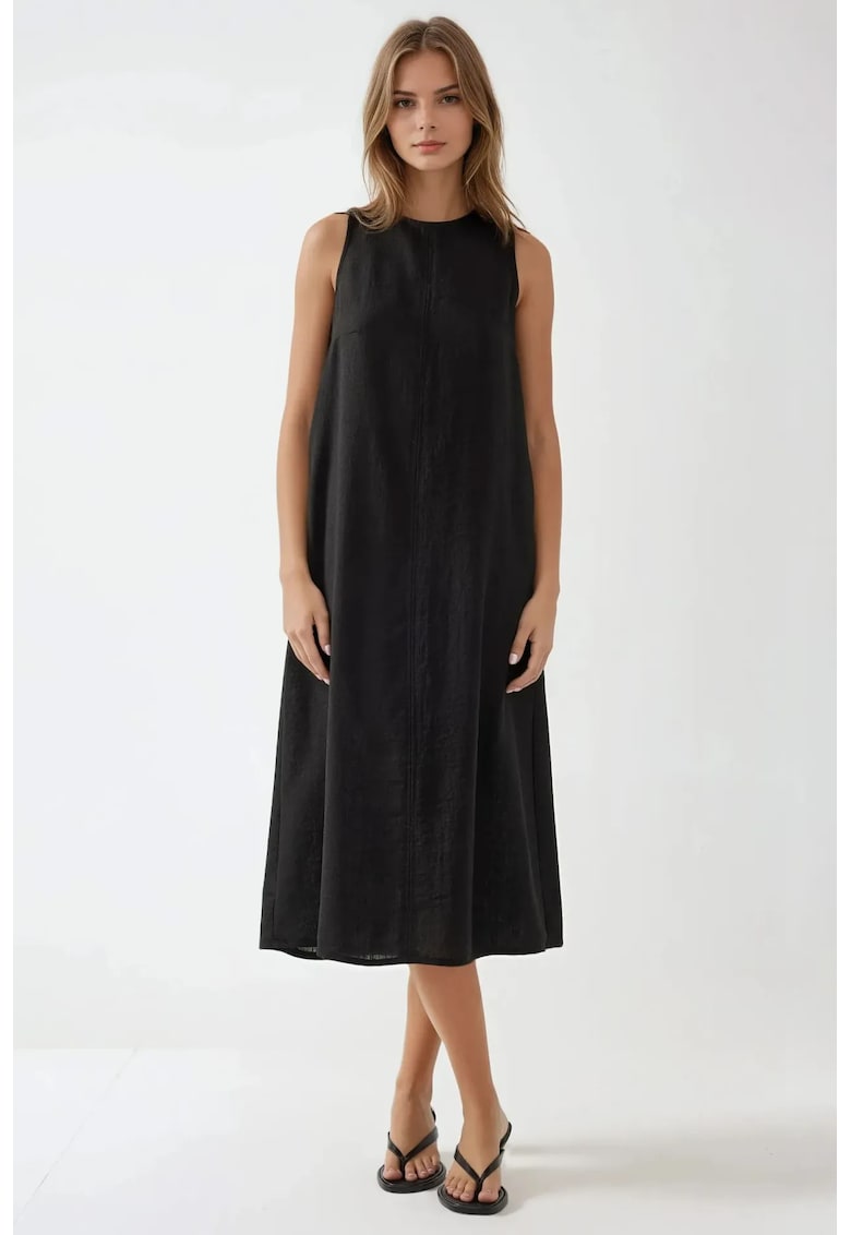 Rochie midi - fara maneci - guler rotund - neagra - din bumbac amestecat cu in