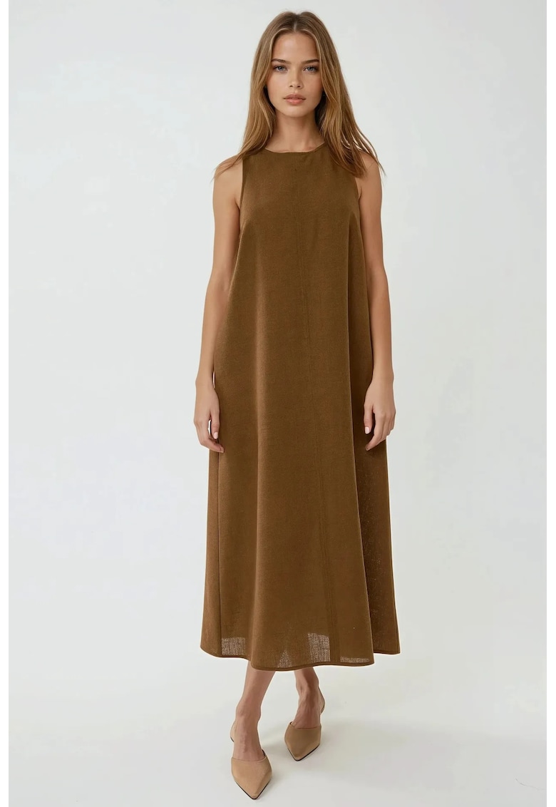 Rochie midi - guler rotund - croiala in A - maro - bumbac amestecat cu in