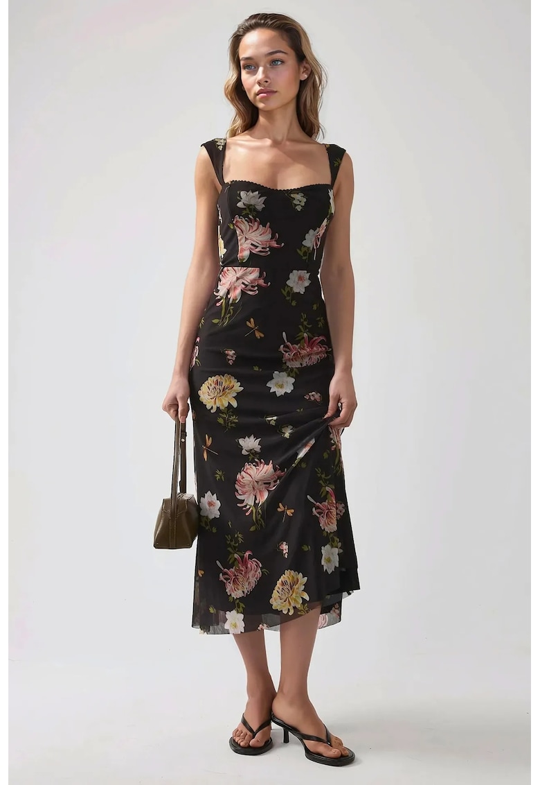 Rochie maxi cu imprimeu - guler in forma de inima - negru - tul