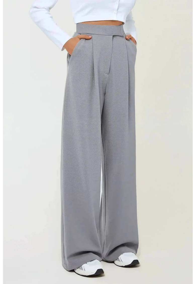 Pantaloni dama - Palazzo - textil - talie inalta - picioare largi - gri - crep elastic