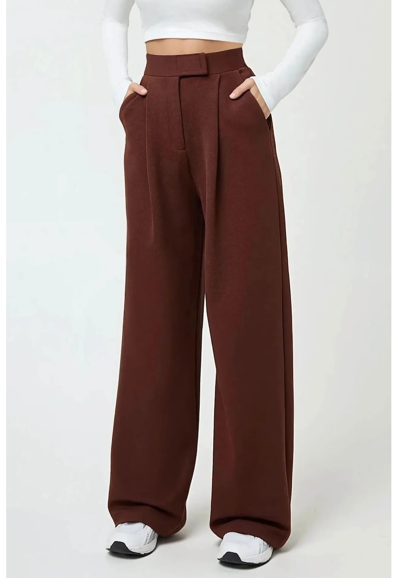 Pantaloni dama - textil - talie inalta - culoare maro