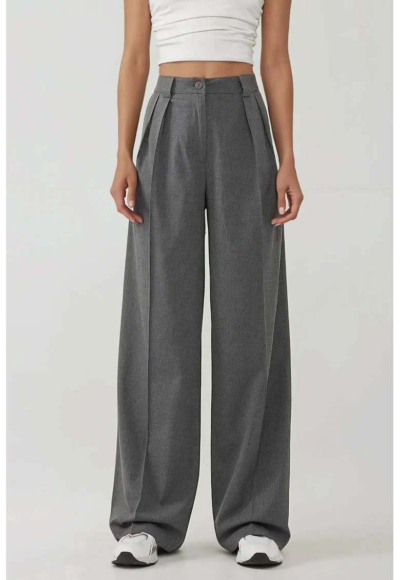 Pantaloni dama - Palazzo cu talie inalta - croiala larga - gri - textil