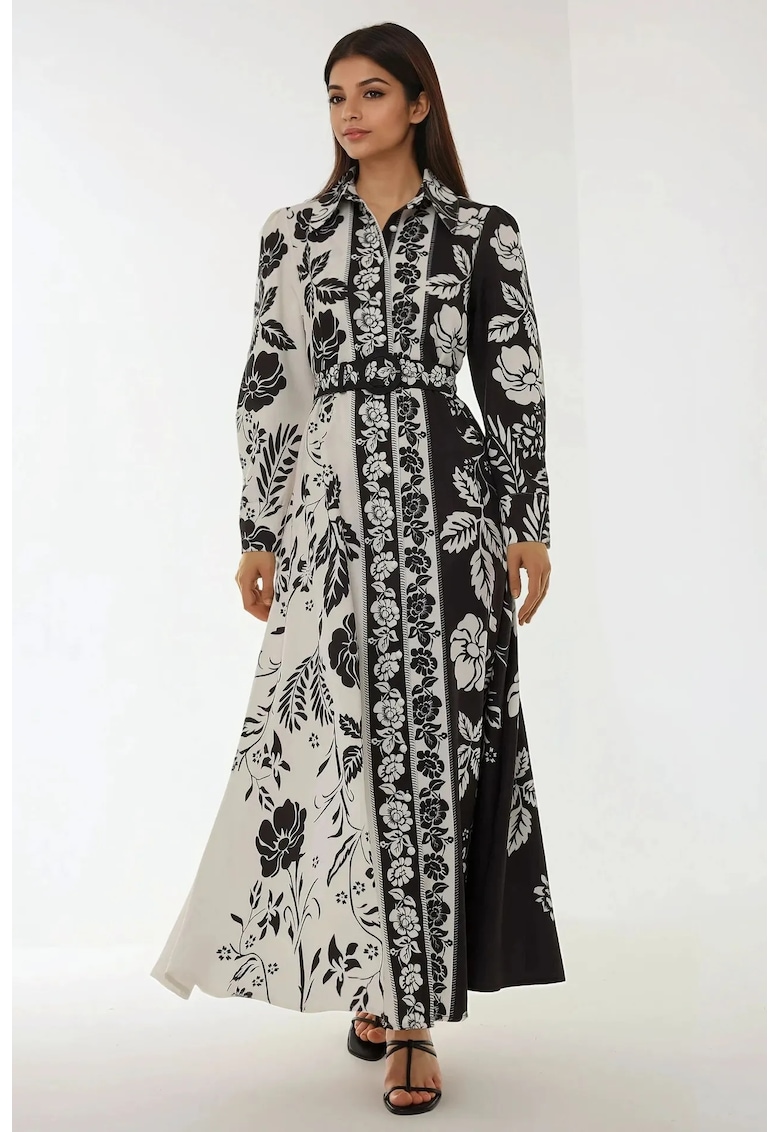Rochie maxi maneca lunga - imprimeu - negru - textil