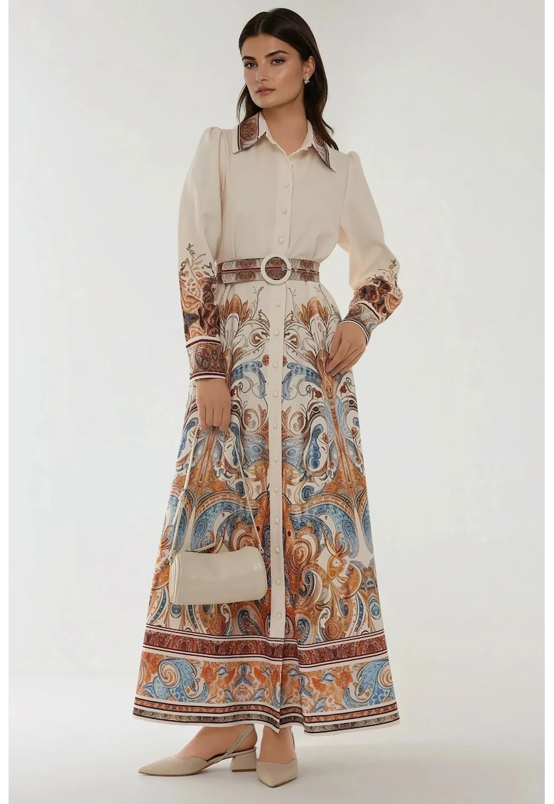 Rochie maxi maneca lunga - imprimeu - textil