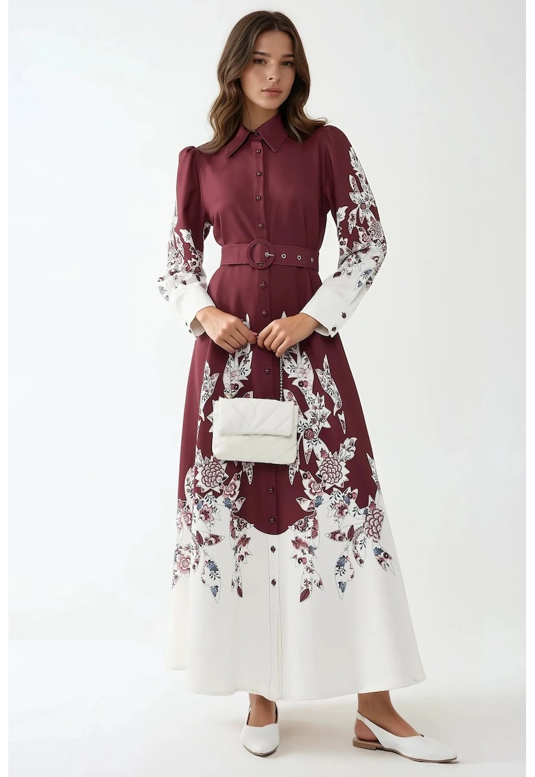 Rochie maxi maneca lunga - imprimeu - rosu - textil