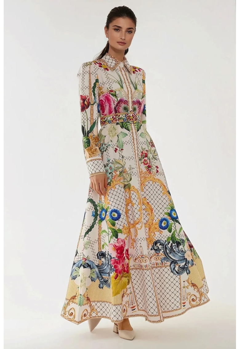 Rochie maxi - maneca lunga - imprimeu - multicolor - textil