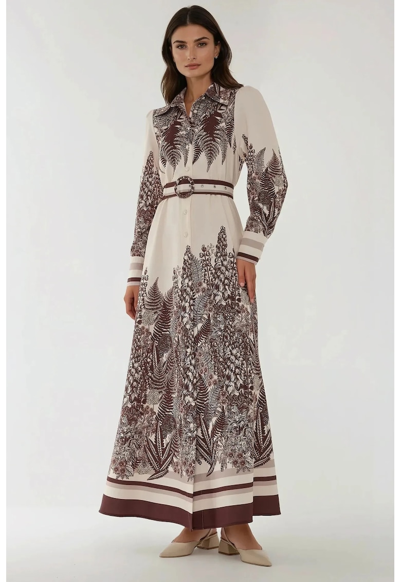 Rochie maxi - maneca lunga - imprimeu - bej - textil