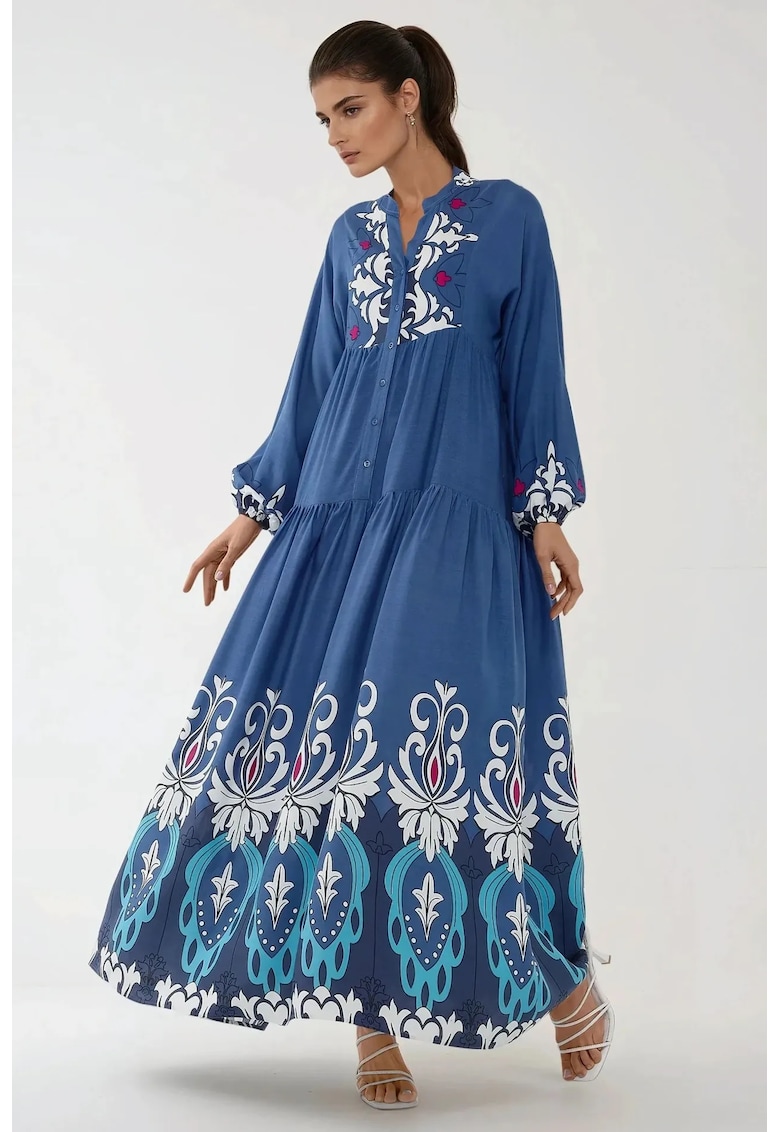 Rochie maxi maneca lunga - imprimeu - albastra/alb - viscoza