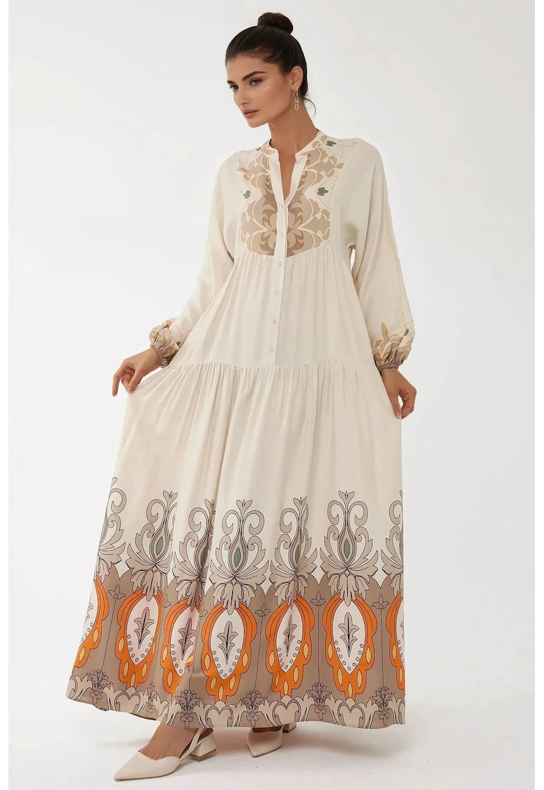 Rochie maxi - maneca lunga - bej - textil